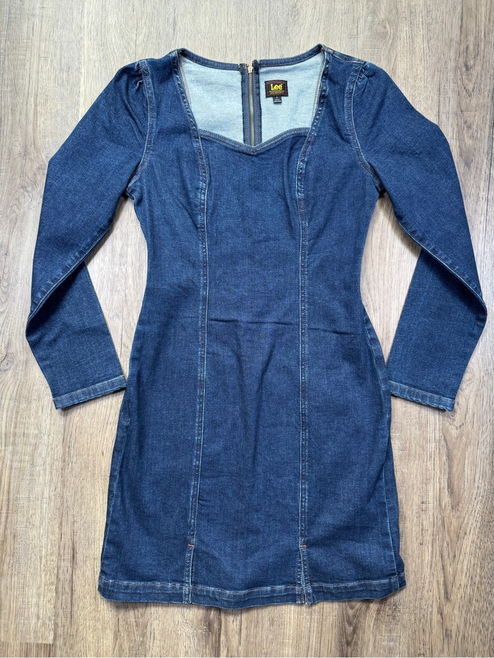 Lee Indigo Denim Long Sleeve Sweetheart Neck Dress - Size Small